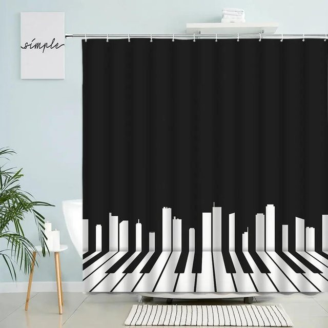 Wasserdichter Duschvorhang aus Polyester mit geometrischem Klaviernoten-Muster in Schwarz Weiß, B/H: 120 x 180 cm - Bild 1