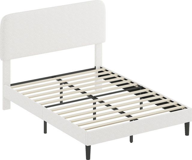 Aosom HOMCOM Doppelbett mit Lattenrost aus Metall und gepolstertem Teddy-Velours in Weiß, B/T: 140 x 190 cm - Bild 1