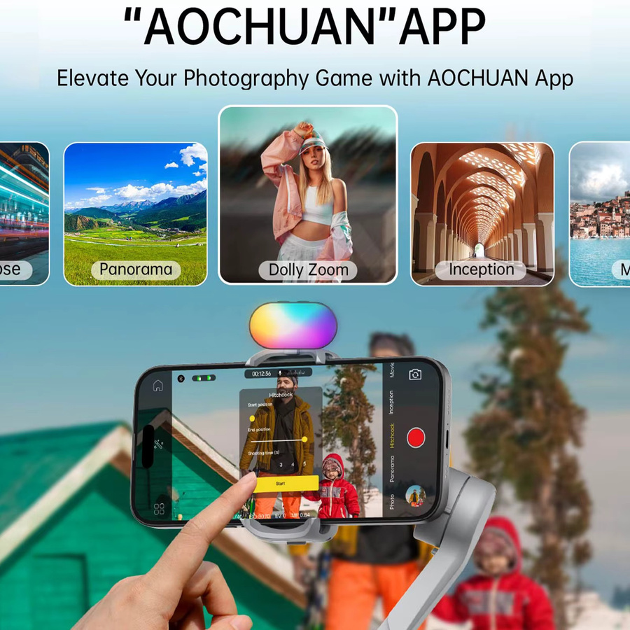 AOCHUAN Smart XPro 3-Achsen-Smartphone-Gimbal-Stabilisator mit RGB-Video-Fülllicht für iPhone und Android, Grau - Bild 5