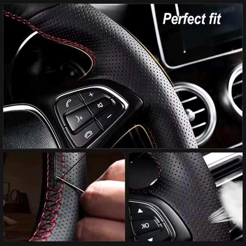 CREATROAD Lenkradabdeckung aus echtem Leder für Mercedes Benz A45 AMG W176 C63 W204 CLA C117 CLS S-Modell 2011-2016, Schwarz - Bild 2
