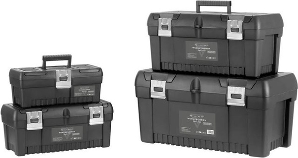 STAHLWERK Toolbox Set aus Kunststoff mit 4 stapelbaren Werkzeugkisten und Einsätzen in Schwarz