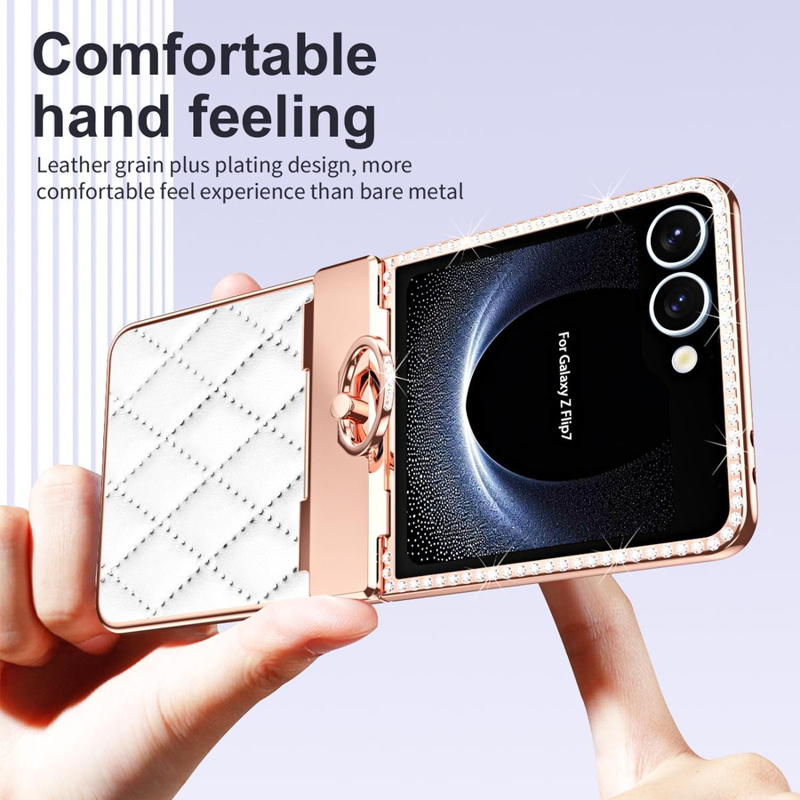 Samsung Galaxy Z Flip 7 Handyhülle aus galvanisiertem Leder mit Glitzer-Diamant-Textur und Ring-Aufhängung in Weiß - Bild 3