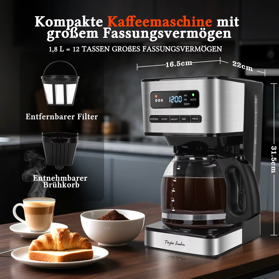 Taylor Swoden Filterkaffeemaschine mit Glaskanne, Schwarz, 1,8 l, mit 24H Timer, Eiskaffee-Modus und 3-stufiger Stärkeauswahl - Bild 6
