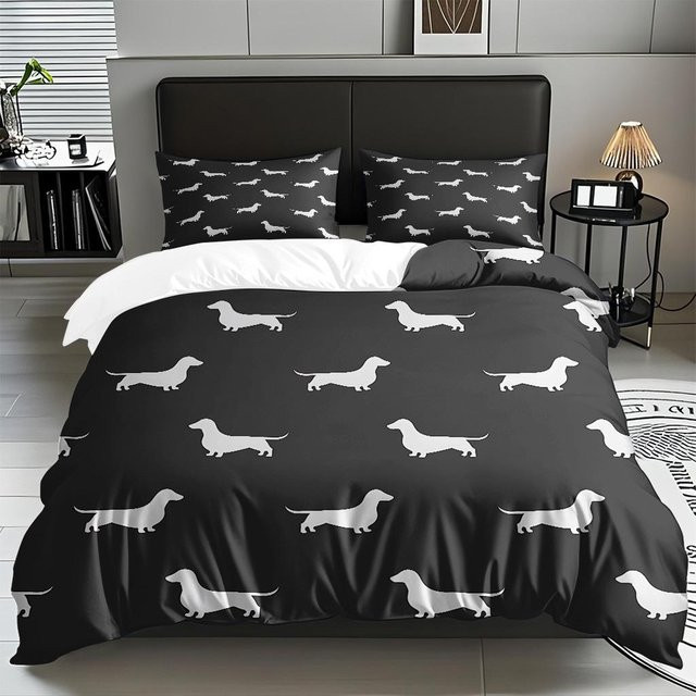 Buntes Dackel Hunde Bettwäsche-Set mit Cartoon-Motiv aus Polyester, 3-teilig, B/H: 150 x 200 cm - Bild 1