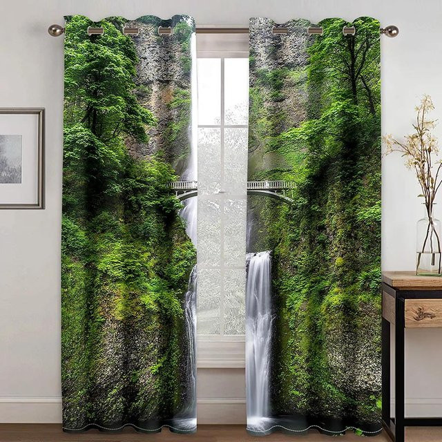 Yiran Furniture 3D Digitaldruck Vorhänge Naturlandschaft Tropischer Wald in Grün, 2 Paneele mit Ösen, B: 75 cm, H: 166 cm - Bild 1