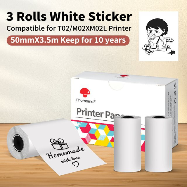 Phomemo Thermo-Etikettenaufkleber weiß, 3 Rollen, wasserfest und selbstklebend, Breite: 50 mm, Länge: 3,5 m, passend für Phomemo M02, M03AS und M04AS Drucker - Bild 1