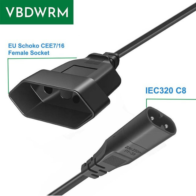 Stromverlängerungskabel mit IEC320 C8 Stecker auf EU Schuko CEE7/16 Buchse in Schwarz - Bild 1