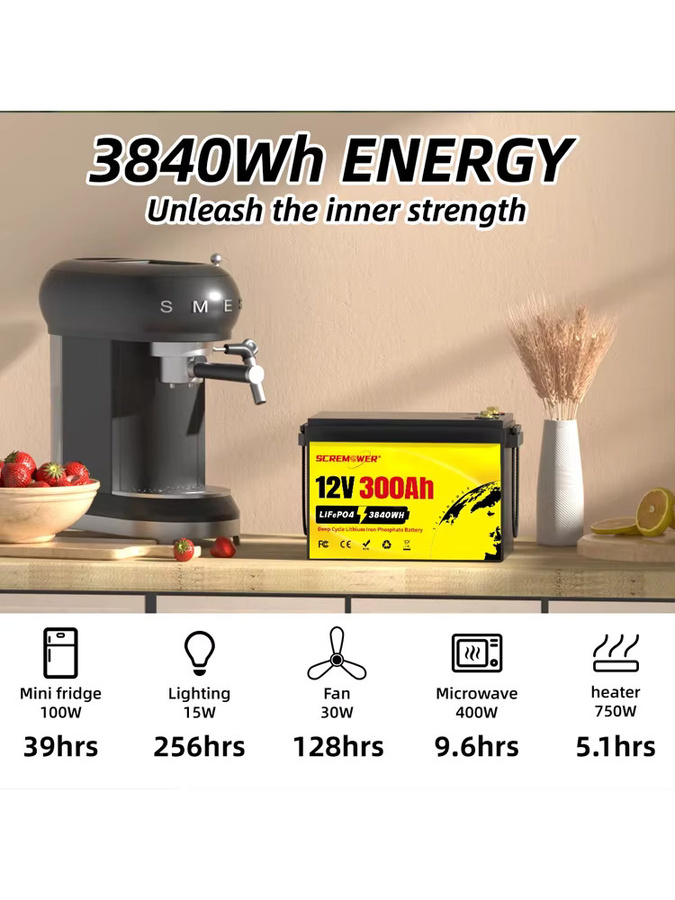 Scream Power LiFePO4-Akku 12,8 V 300 Ah, wiederaufladbarer Lithium-Eisenphosphat-Akku mit 200 A BMS in Schwarz - Bild 7