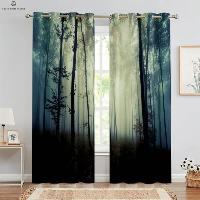 Yiran Furniture 2er-Set Vorhänge mit 3D-Herbstwald-Motiv in Waldgrün, blickdicht, mit Ösen, Breite: 50 cm, Höhe: 160 cm - Bild 1