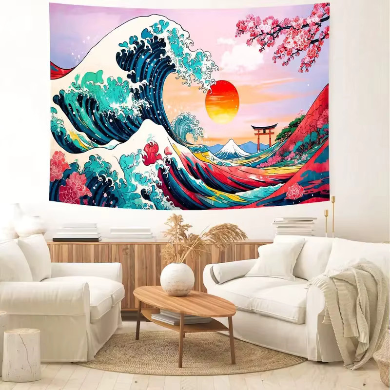VIKAMA Wandteppich Große Welle im japanischen Kanagawa-Stil mit Kirschblüten, Mehrfarbiger Wandbehang für dein Schlafzimmer, B/H: 60 x 40 cm - Bild 4