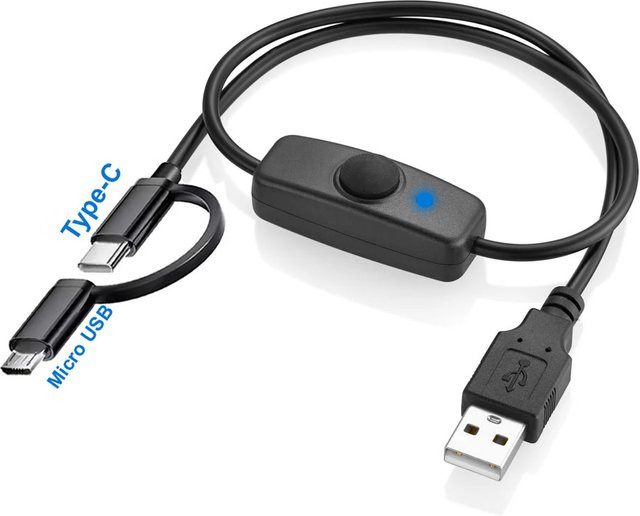 2-in-1 Mikro-USB und USB-C Ladekabel mit Ein- und Ausschalter in Schwarz - Bild 1