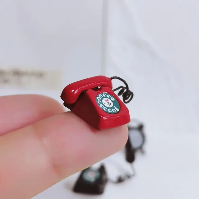 Dollhouse Miniatur Essen Spielzeug Szene Modell Puppenhaus Zubehör, Retro Mini Heimtelefon, Rot - Bild 1