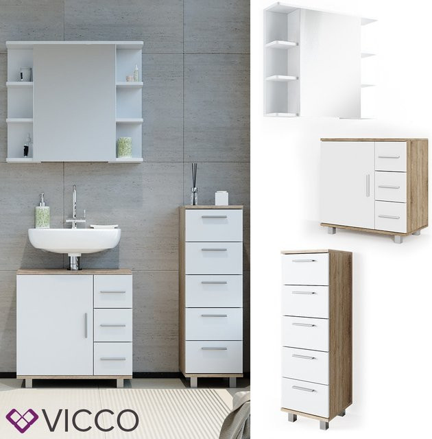 Vicco Badmöbel Set Ilias in Weiß und Eiche bestehend aus Spiegel, Kommode, Unterschrank und Badschrank - Bild 1