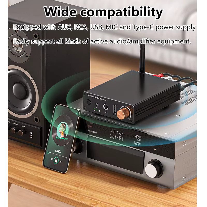 kebidumei Bluetooth 6.0 Audio Receiver und Sender, Wireless Audio Adapter mit U-Disk und 6,5 mm Karaoke Anschluss, Drahtloser Musikverstärker für Lautsprecher und Auto, Schwarz - Bild 2