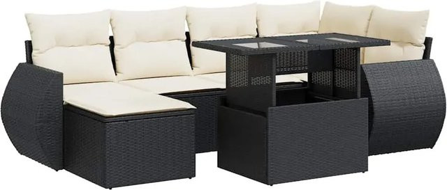 vidaXL 7-teilige Garten-Sofagarnitur in L-Form aus Poly-Rattan mit Kissen in Schwarz-Creme - Bild 1
