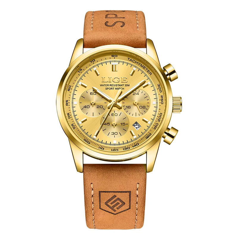 LIGE Armbanduhr Chronograph, Quarz, Leder, Blau, Gold, Herren - Bild 7