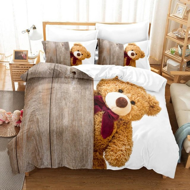 Bettwäscheset mit Cartoon-Bären von Binchi Outdoor Product, braun, Material: Mikrofaser, Set bestehend aus 1x Bettbezug und 2x Kissenbezügen, B/H: 140 x 200 cm - Bild 1