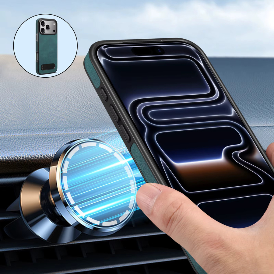 Denior Retro PU-Leder Handyhülle mit magnetischer kabelloser Ladefunktion und versteckter Halterung für iPhone 17/16/15/14/13 Pro Max Plus Air in Blau - Bild 4