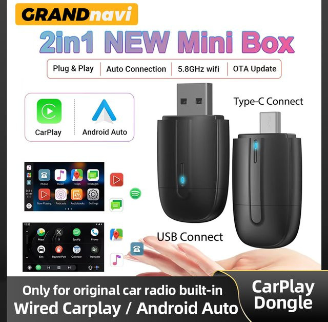 Grandnavi Kabelloser CarPlay und Android Auto Adapter mit WLAN und USB Typ-C Plug&Play in Schwarz - Bild 1