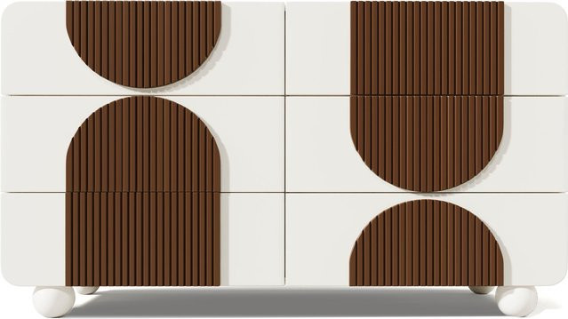AB Store Kommode mit 6 Schubladen in Weiß mit schokoladenfarbenen Holzleisten und weißen kugelförmigen Massivholzfüßen, B/T/H: 121 x 41 x 71 cm - Bild 1
