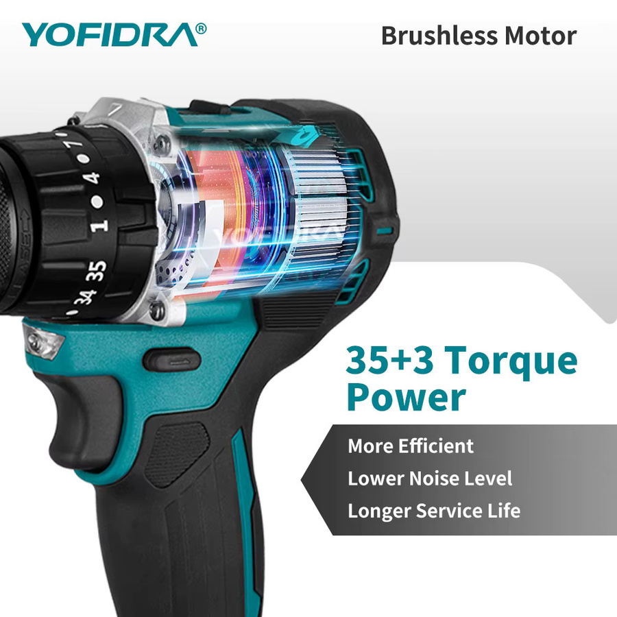 YOFIDRA Bürstenlose elektrische Schlagbohrmaschine mit 35+3 Drehmomentstufen, kompatibel mit Makita LXT Akkus, Akkubohrschrauber für Holzbearbeitung - Bild 6