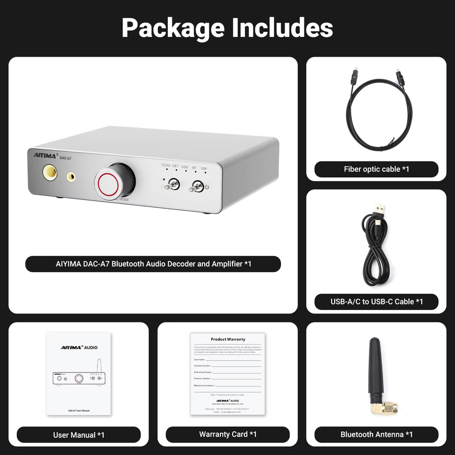 AIYIMA DAC-A7 HIFI Kopfhörerverstärker mit ES9038Q2M Audio USB Decoder, Bluetooth 5.4 und Vorverstärker in Silber für 3,5 mm und 6,35 mm Kopfhörer sowie aktive Lautsprecher - Bild 3