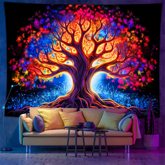 VIKAMA Psychedelischer UV-Wandteppich mit Pilz- und Lebensbaum-Motiv in Schwarz und Multicolour, Boho Wandbehang mit floralem Design, Breite: 60 cm, Höhe: 40 cm - Bild 1