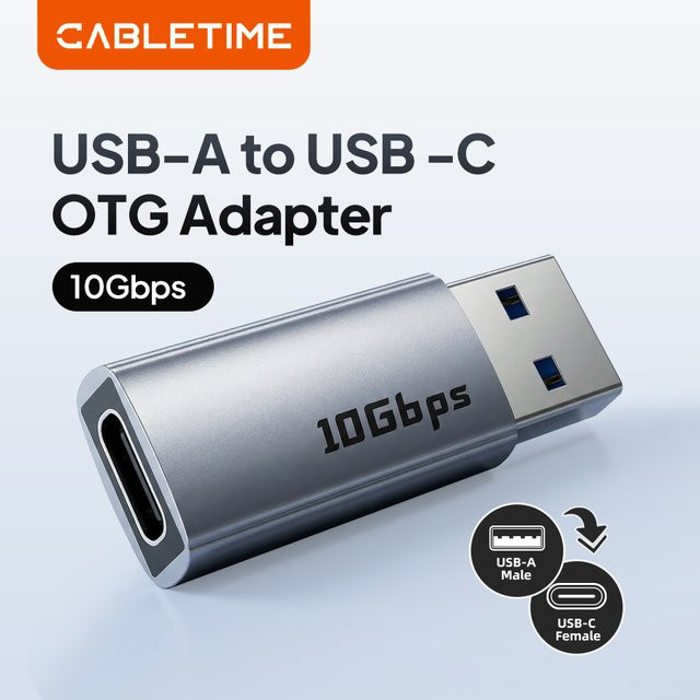 CABLETIME USB A 3.2 Gen 2 auf USB C Adapter Doppel 10 Gbit/s 3A Schnellladung in Silber - Bild 1