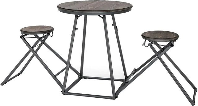 Costway Bartisch Set mit 2 Barhockern in Braun, moderner Klappbartisch mit runder Tischplatte und Metallgestell - Bild 1