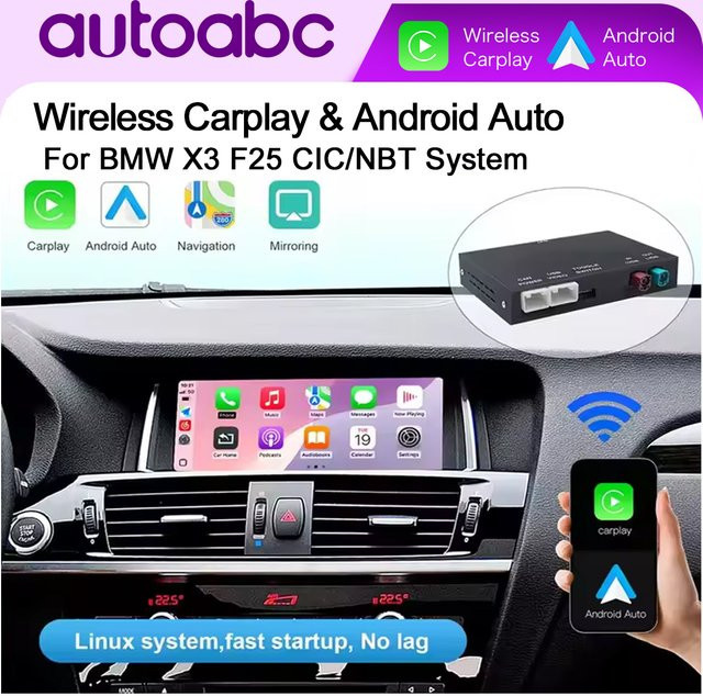 AUTOABC Drahtloser CarPlay und Android Auto Mirror Link Decoder für BMW X3 F25 G01 NBT/CIC System mit OEM und Aftermarket Kamera Unterstützung in Schwarz - Bild 1