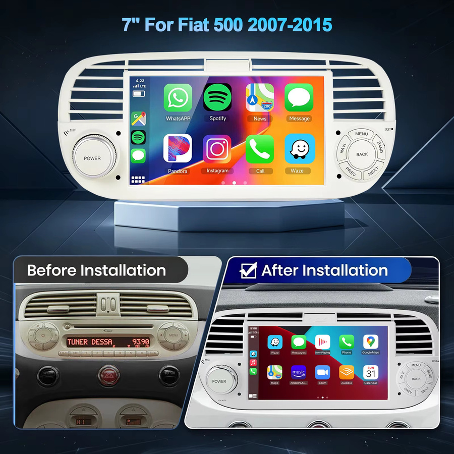 ESSGOO Android 15 Autoradio für Fiat 500 (2007-2015) mit 7 Zoll IPS Touchscreen, 4+64GB, kabellosem Carplay, Android Auto, GPS, Bluetooth und Wifi - Bild 2