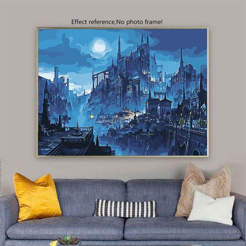 FIYO Malset für Stadtlandschaft Nachtmotiv als Ölmalerei nach Zahlen, Wanddekoration in Blau, B/H: 30 x 20 cm - Bild 1