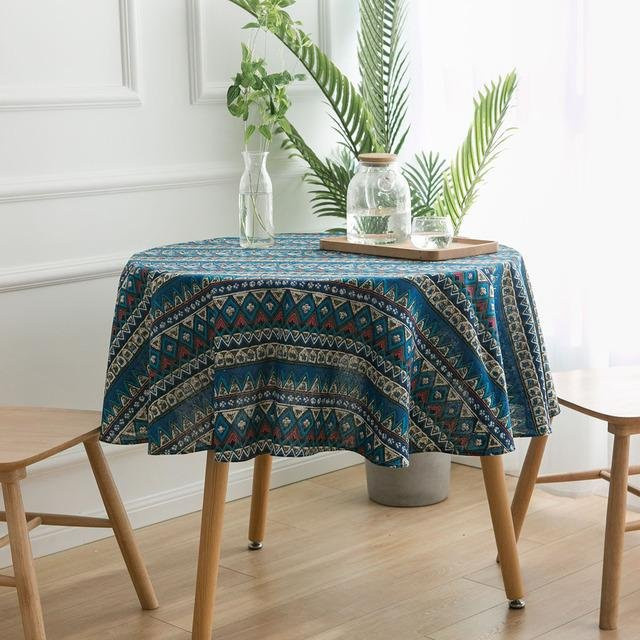 Runde Tischdecke Your Warm Home aus Baumwoll-Leinen-Mischung mit blauem Grafik-Print im Boho-Stil, Durchmesser: 100 cm - Bild 1