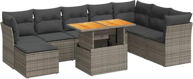 vidaXL 9-teilige Garten-Sofagarnitur aus Poly-Rattan und Akazienholz in Grau mit Kissen - Bild 1