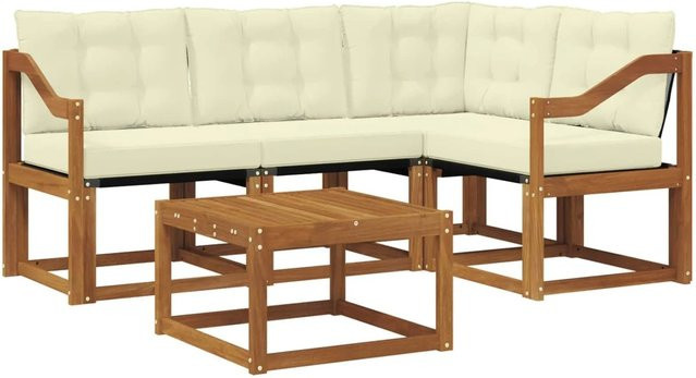 vidaXL 5-tlg. Outdoor-Sofagarnitur in L-Form aus Akazienholz mit Kissen und Couchtisch, Beige und Weiß - Bild 1
