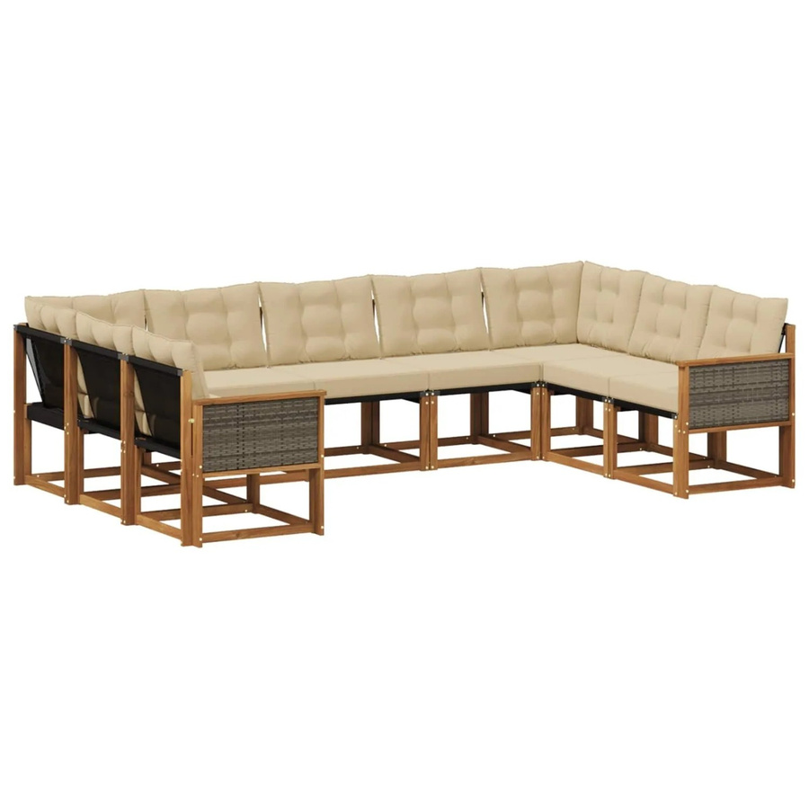 vidaXL Outdoor-Sofagarnitur L-Form aus Akazienholz mit 9 Textilene-Kissen in Natur und Beige - Bild 2
