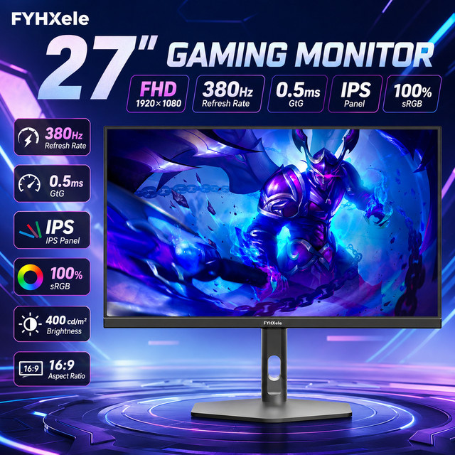 FYHXele Gaming Monitor 27 Zoll mit 380Hz, FHD 1080P IPS Display, 0.5ms Reaktionszeit, 100% sRGB, 400cd/m², RGB Hintergrundbeleuchtung, Schwarz, HDMI und DisplayPort - Bild 1