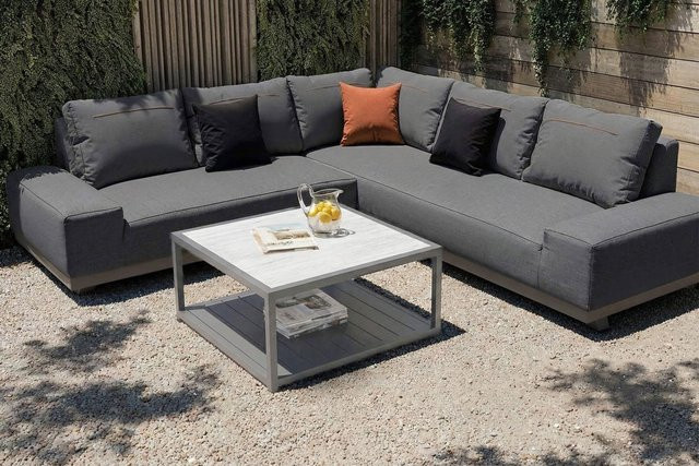 OUTFLEXX Beau Gartenlounge in L-Form für 5-6 Personen, grau, pulverbeschichtetes Aluminium mit UV-beständigem Polyester und Kaffeetisch - Bild 1