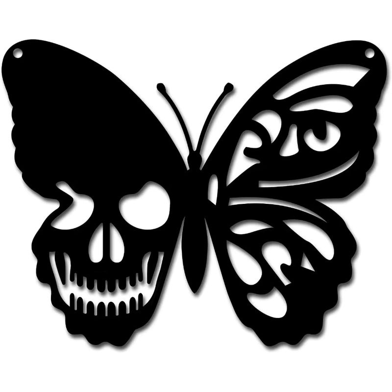 CIFBUY Wandkunst aus Metall Schädel und Schmetterling in Schwarz als Wandbehang und Ornament für Halloween - Bild 3