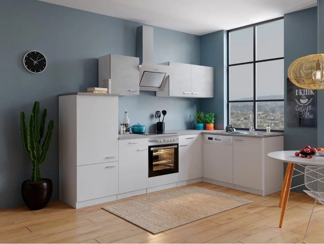 Respekta Winkelküche KBL280WWBSCG in Weiß-Beton Optik mit Glastüren und Soft-Close-Funktion - Bild 1