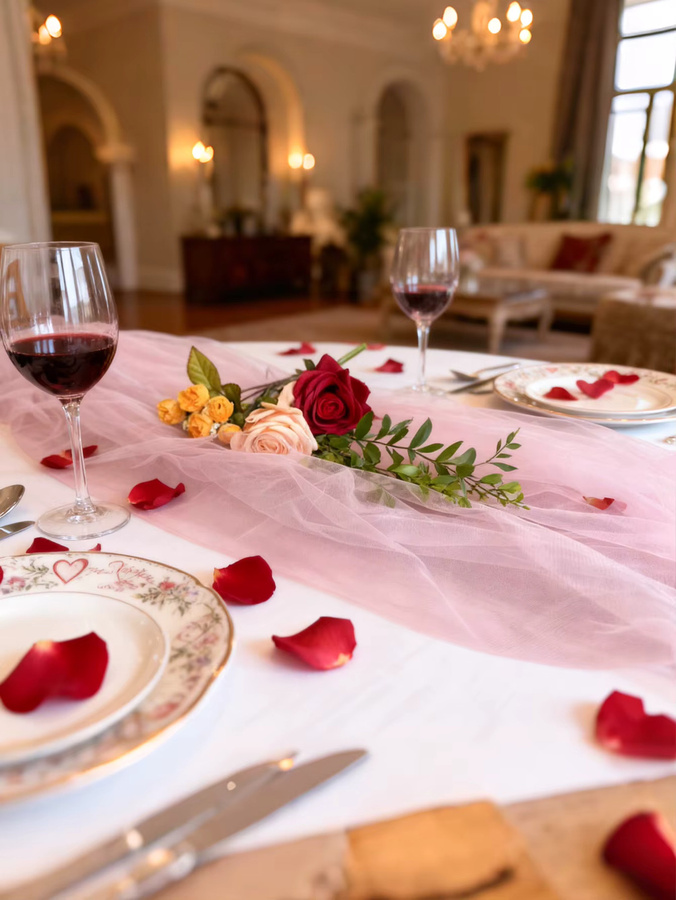 Rosa Tüll-Tischläufer aus Chiffon für Hochzeit und romantische Anlässe - Bild 2