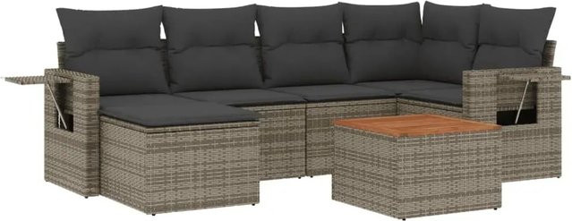 vidaXL 7-teilige Garten-Sofagarnitur in L-Form aus grauem Poly-Rattan mit Kissen und pulverbeschichtetem Stahlgestell - Bild 1
