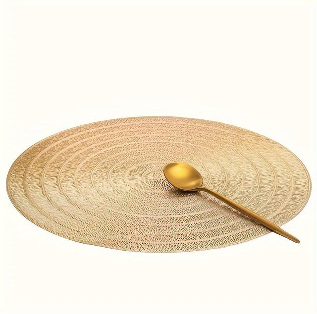 4 Stück runde Tischsets SZ-Damai in Beige und Gold, rutschfest und im Boho-Design geflochten - Bild 1