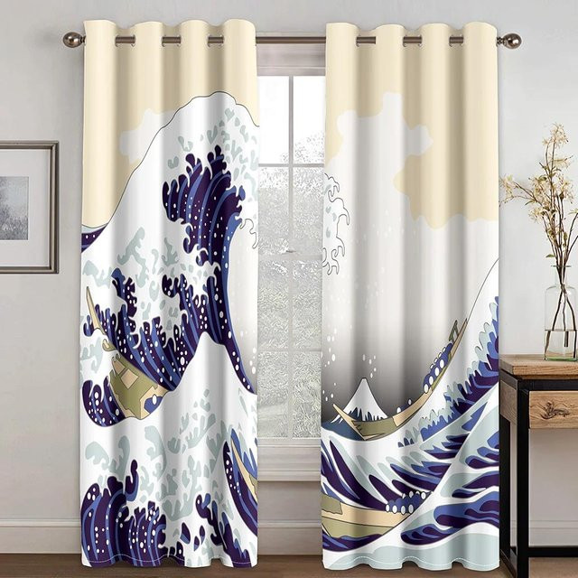 Yiran Furniture Japanischer Stil Vorhänge mit Samurai Manga Motiv, 2er-Set lichtfilternde Gardinen aus Polyester, Mehrfarbig, Breite: 50 cm, Höhe: 130 cm - Bild 1