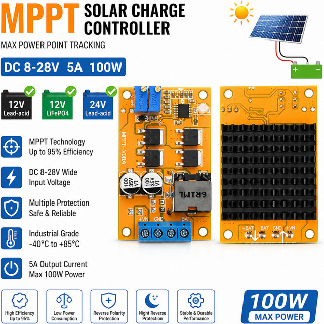 Gaqqee 100W MPPT-Solarmodul mit DC 8-28V 5A Solar-Laderegler in Multicolour für 9V, 12V und 24V - Bild 1
