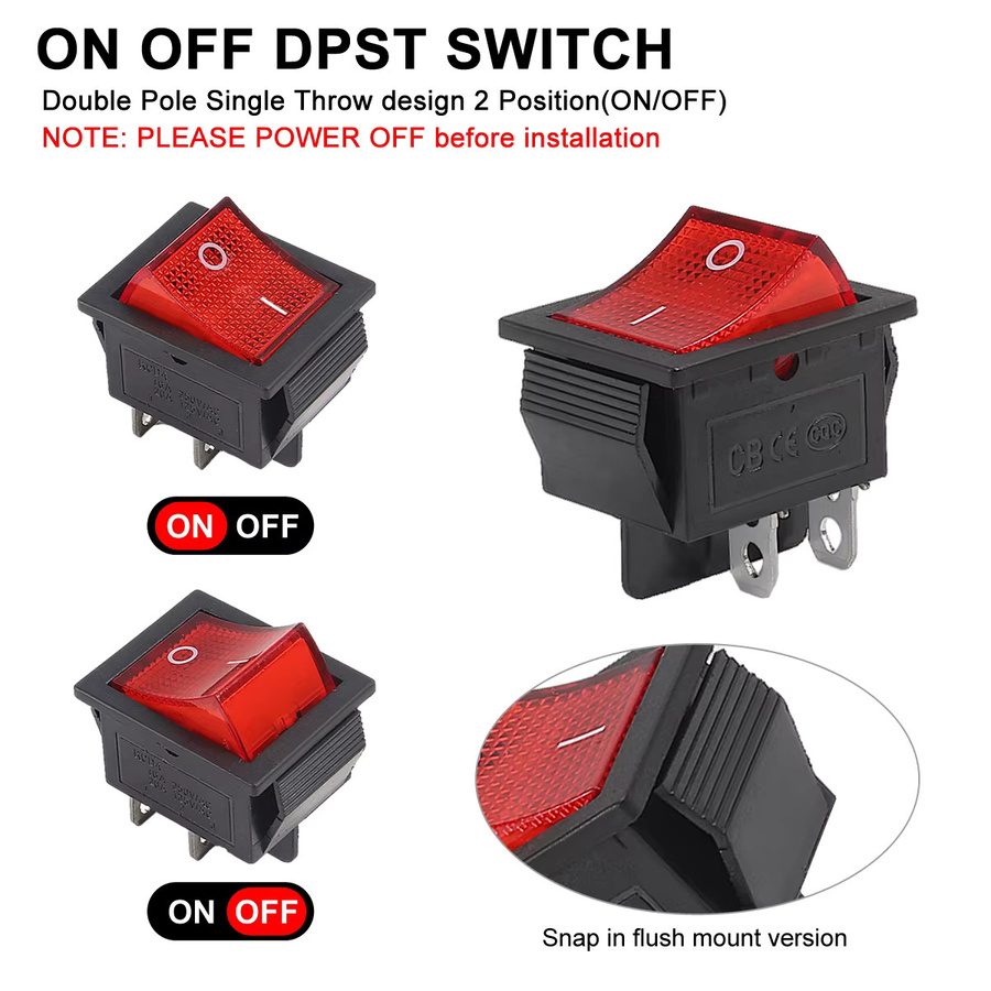 AOKIN KCD4 Rocker Schalter Set mit roter LED Beleuchtung, DPST 4 Pins 2 Position ON/OFF, 10A/125V 6A/250V, 5 Stück - Bild 4