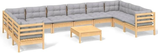 vidaXL 11-tlg. Garten-Lounge-Set aus massivem Kiefernholz in Braun-Grau mit grauen Polstern - Bild 1