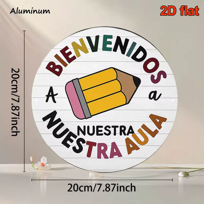 Rundes Vintage-Willkommensschild aus Metall in Weiß mit spanischem Slogan Bienvenidos a Nuestra Aula, Durchmesser: 20,32 cm - Bild 2