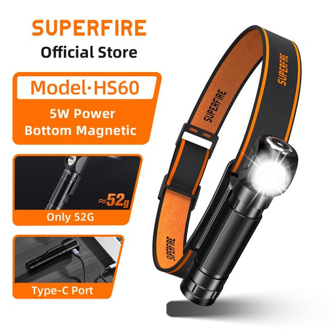 SUPERFIRE HS60 LED-Magnetstirnlampe in Schwarz, wiederaufladbarer USB-C Scheinwerfer mit 900 lm und 18650 Akku für die Arbeit - Bild 1