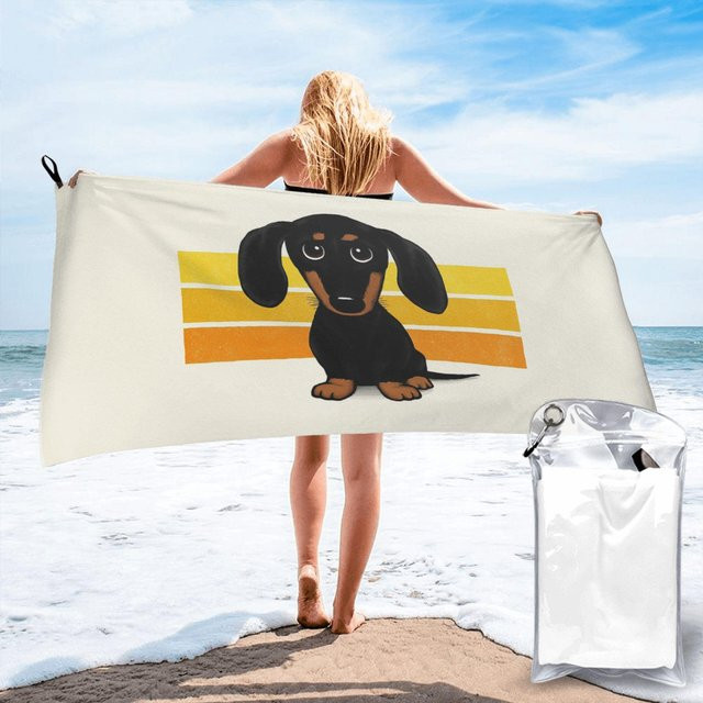JMG Household Supplies Strandtuch mit Dackel-Cartoon-Motiv in Schwarz-Tan, weiche Mikrofaser, schnelltrocknend und saugfähig, B/H: 70 x 140 cm - Bild 1